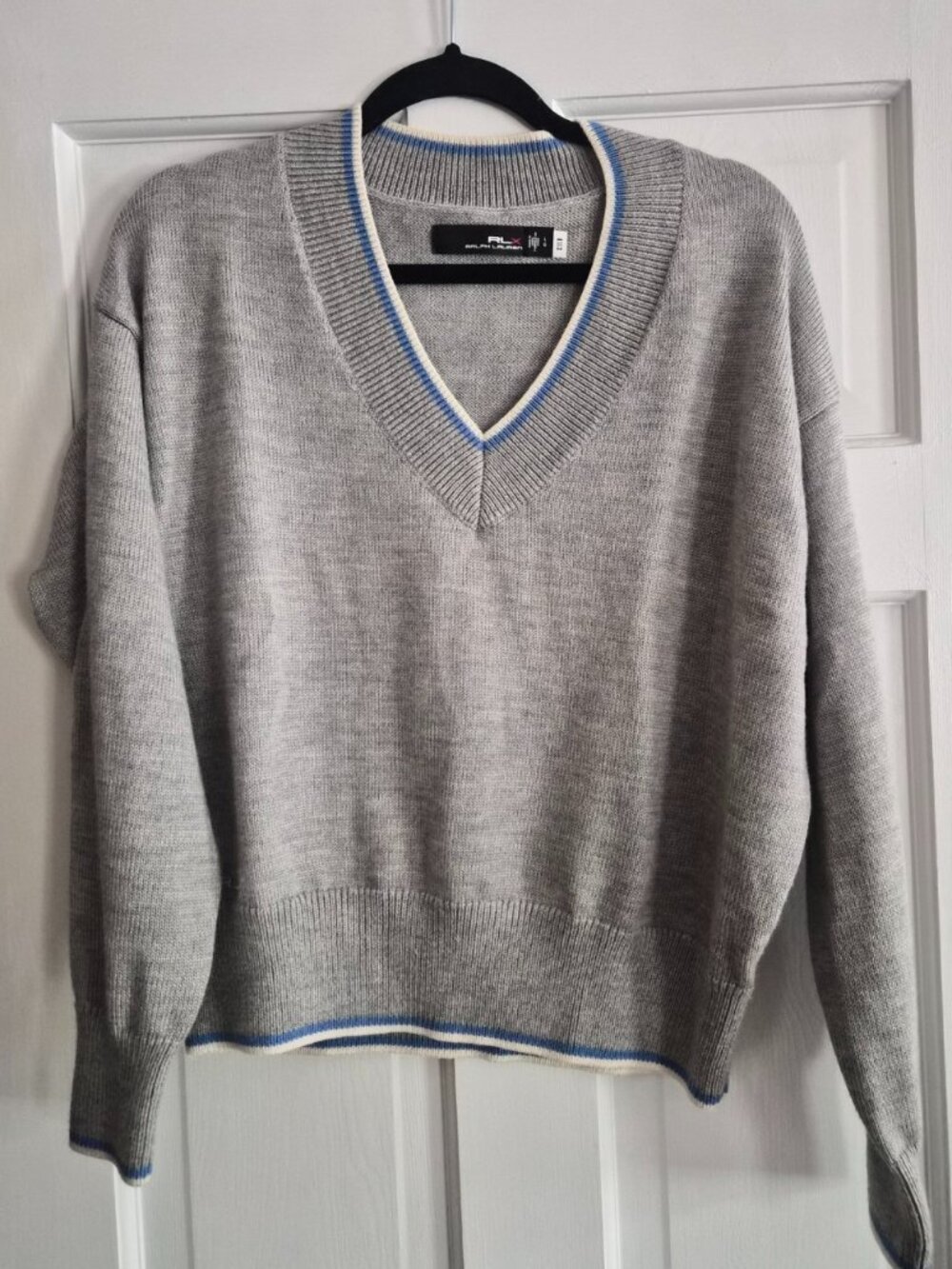 RLX Ralph Lauren Golf Cricket V Neck Sweater Gray Blue Ivory - Size L
